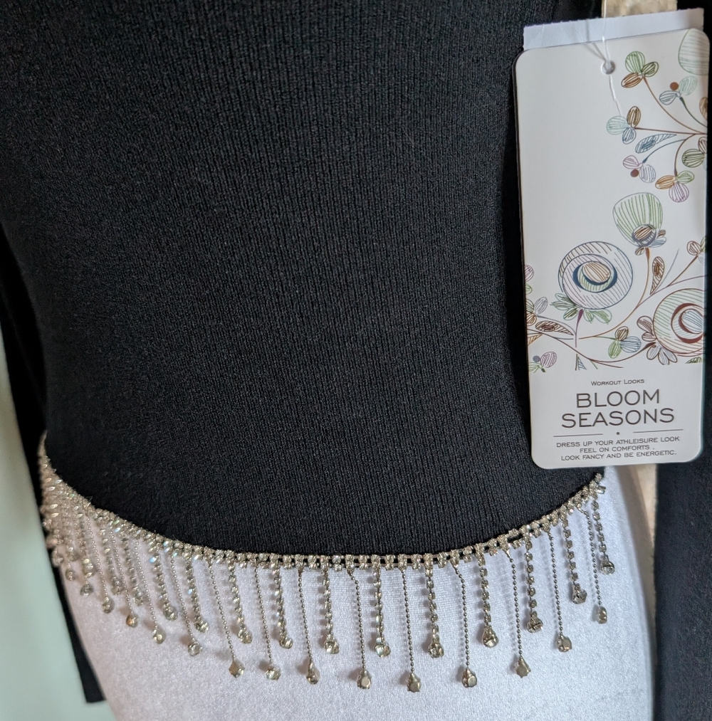 NWT Rhinestone Fringe Cropped Black Sweater Night Out Baddie Going Out Top M image 2